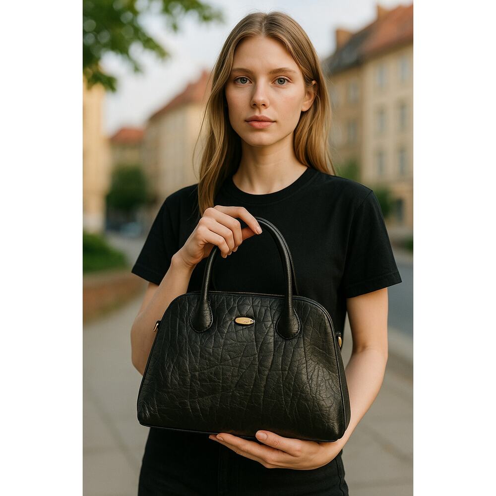 Lorenzi Black Fine South African Cape Buffalo Leather Satchel Bag Purse Medium